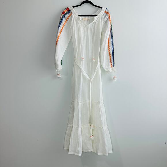 Tory Burch Embroidered Split Neck Long Sleeve Peasant Dress belted Women's Small - Picture 2 of 8